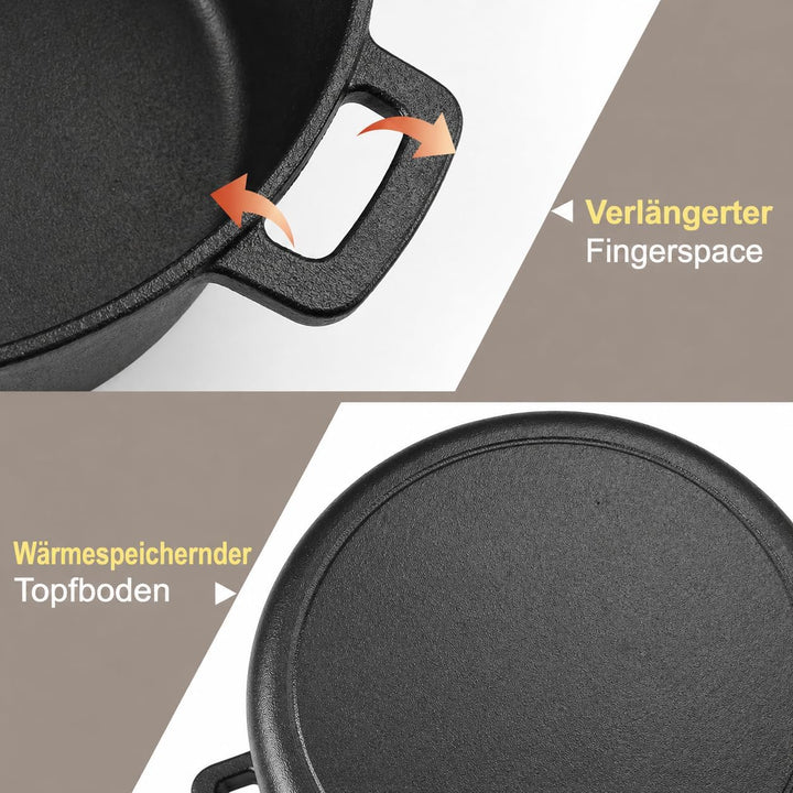 2 in 1 Gusseisen Dutch Oven 5 QT Vorgewürzter Gusseisentopf mit 1,6 QT Pfannendeckel Schwerer Bräter