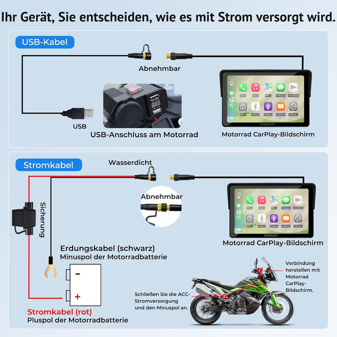 W722TPMS 7 Zoll Motorrad CarPlay Display mit TPMS &amp; Android Auto