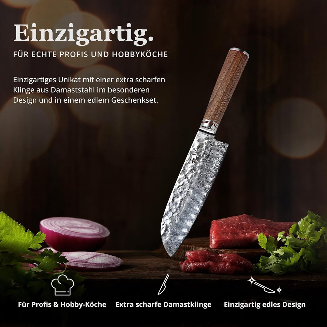 Wakoli Nussbaum Exklusives Premium Damast Santoku Messer 17,50 cm extrem scharfe Klinge I Profi Koch