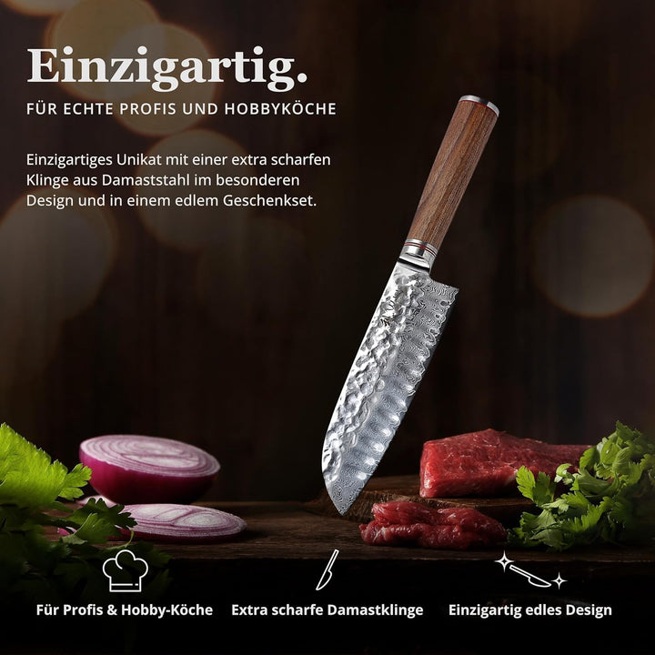Wakoli Nussbaum Exklusives Premium Damast Santoku Messer 17,50 cm extrem scharfe Klinge I Profi Koch