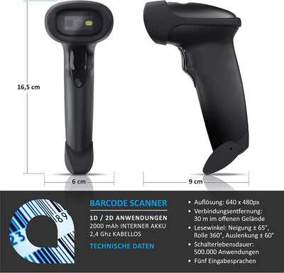 CSL - Wireless Barcode Scanner 2.4 GHz 1D 2D, 2000 mAh, inkl. Standfuss, Funk Barcodescanner kabello