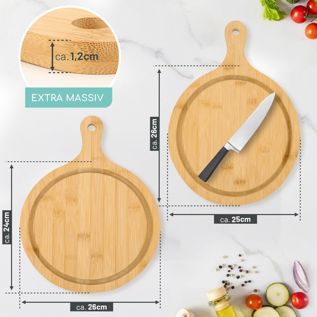 Schneidebrett Set Oval aus Holz, Holzbrett mit Griff I 2er Set Frühstücksbrettchen aus Bambus für di