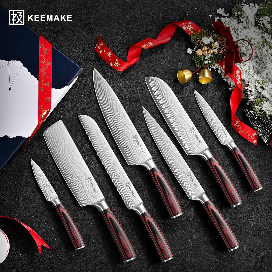 KEEMAKE Küchenmesser Set 7 teilig, Messerset aus Edelstahl mit Profi Brotmesser Kochmesser Santoku M