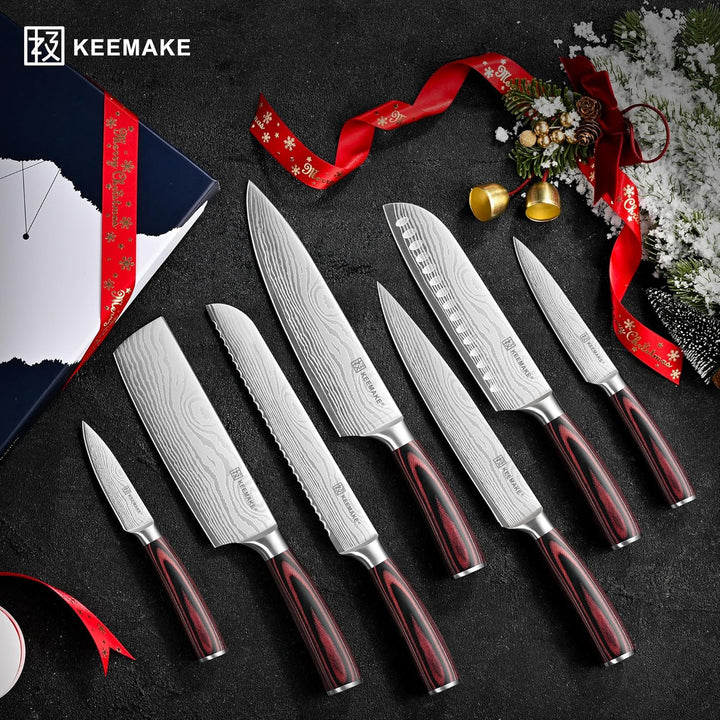 KEEMAKE Küchenmesser Set 7 teilig, Messerset aus Edelstahl mit Profi Brotmesser Kochmesser Santoku M