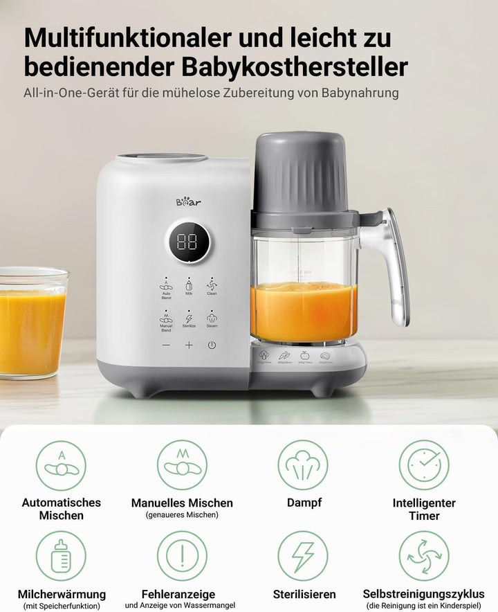 Bear 6-in-1 Dampfgarer mit Mixer Premium Babynahrungszubereiter,Dämpfen, automatisches Rühren, Milch
