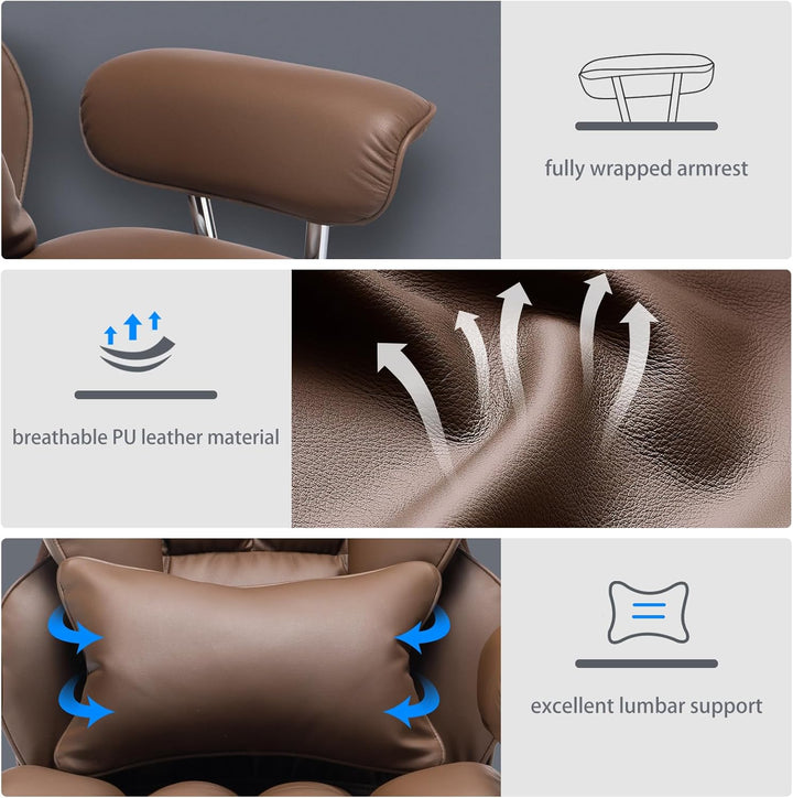 Efomao bürostuhl ergonomisch, PU Leder Chefsessel, bürostuhl 150 kg mit Fussstütze und Lendenwirbels