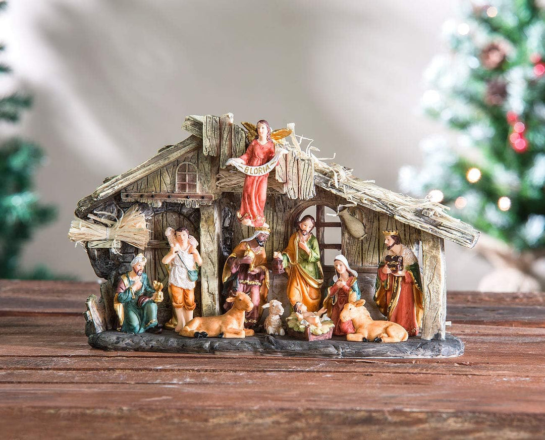 PEARL Krippen: Weihnachtskrippe aus Polyresin mit 11 handbemalten Figuren (Krippe mit handbemalten