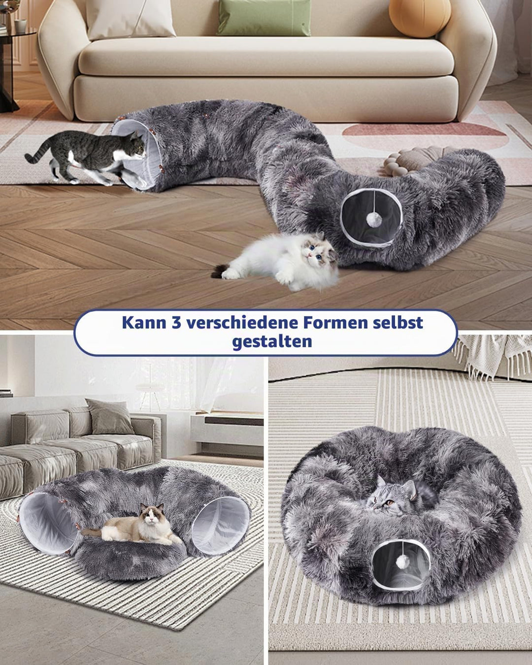 Odoland Katzentunnel grosse Katzenspielzeug mit Plüsch Katze Bett Katzentunnel mit Ball für Indoor K
