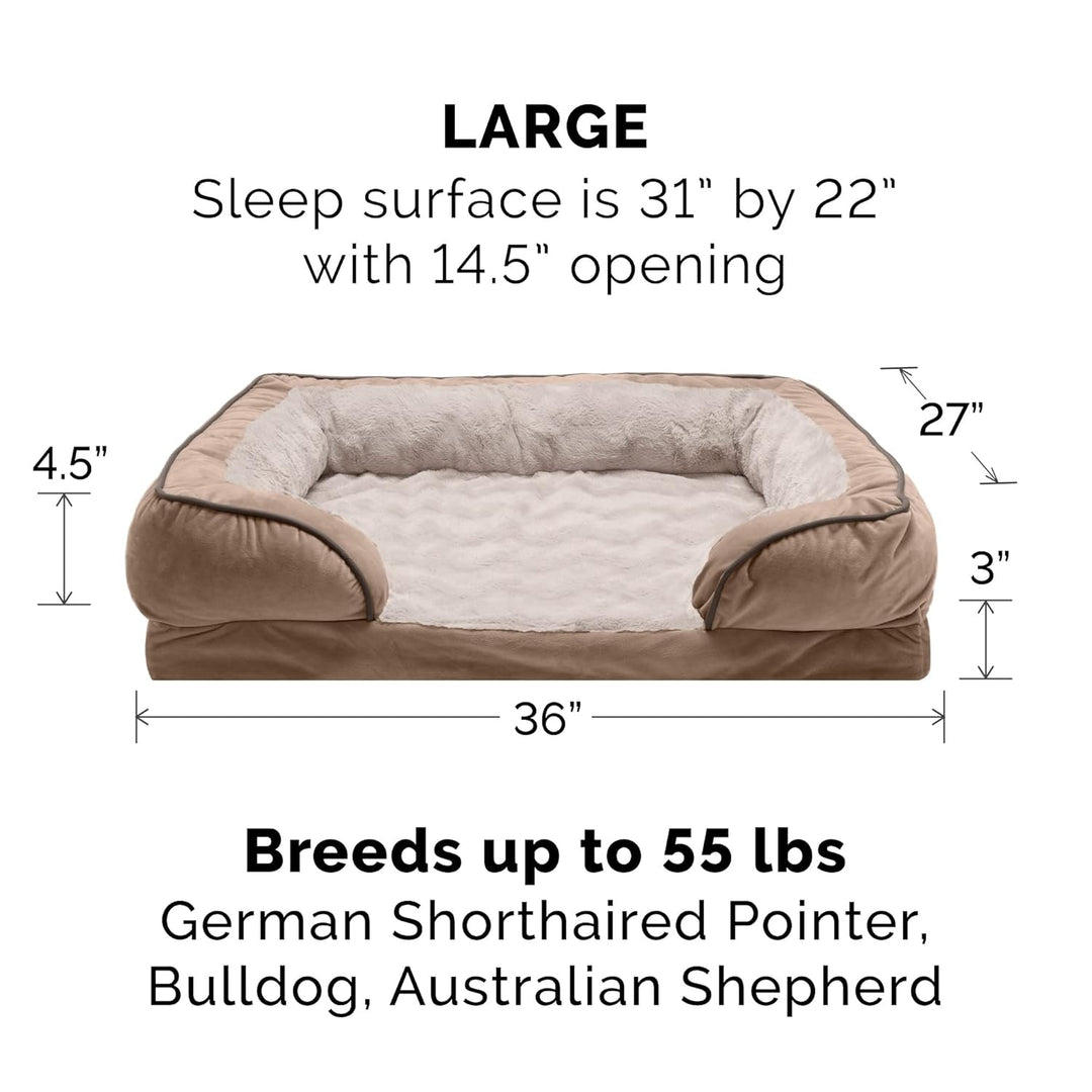 FurHaven Large Memory Foam Dog Bed Perfect Comfort Plush & Velvet Waves Sofa-Style w/Removable Washa