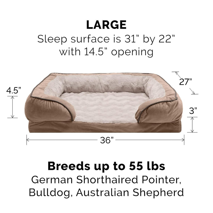 FurHaven Large Memory Foam Dog Bed Perfect Comfort Plush & Velvet Waves Sofa-Style w/Removable Washa