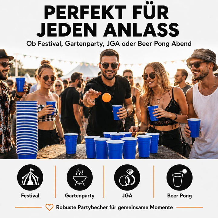 MYBEERPONG® Blaues Bierpong Becher Set: 100 Blue Cups (Markierung 0,4l + 0,5l) + 6 Beer Pong-Bälle -