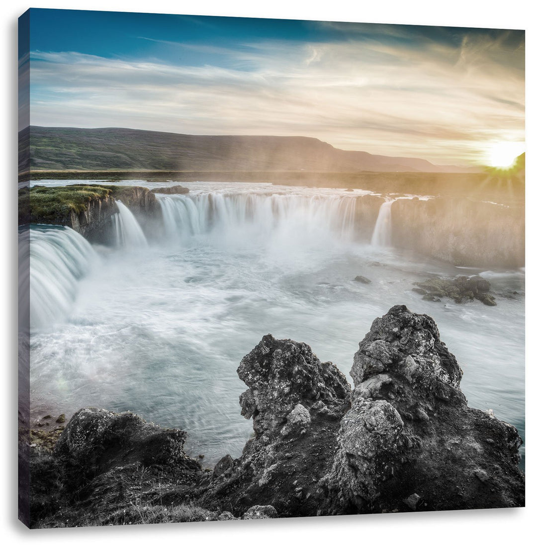 Pixxprint Goðafoss bei Sonnenuntergang schwarz/weiss, Format: 70x70 als Leinwandbild, 70x70