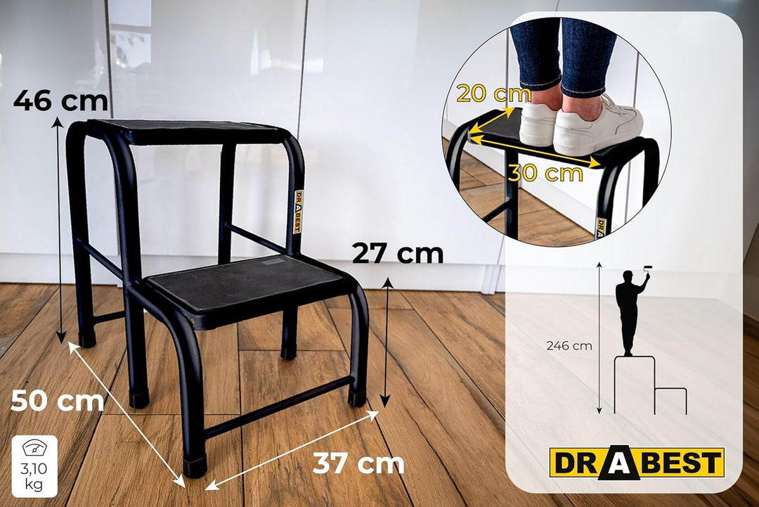 Drabest - Tritthocker - Podest Schwarz - rutschfeste Füsse, Robustes Stahl, Grosse und Bequeme Arbei