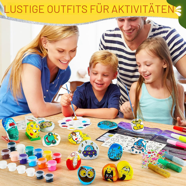 UPDOKIT Steine Bemalen Set Kinder, Bastelset Kinder ab 6 7 8 9 10 Jahre mit Leuchtfarbe &amp; Aufklebern