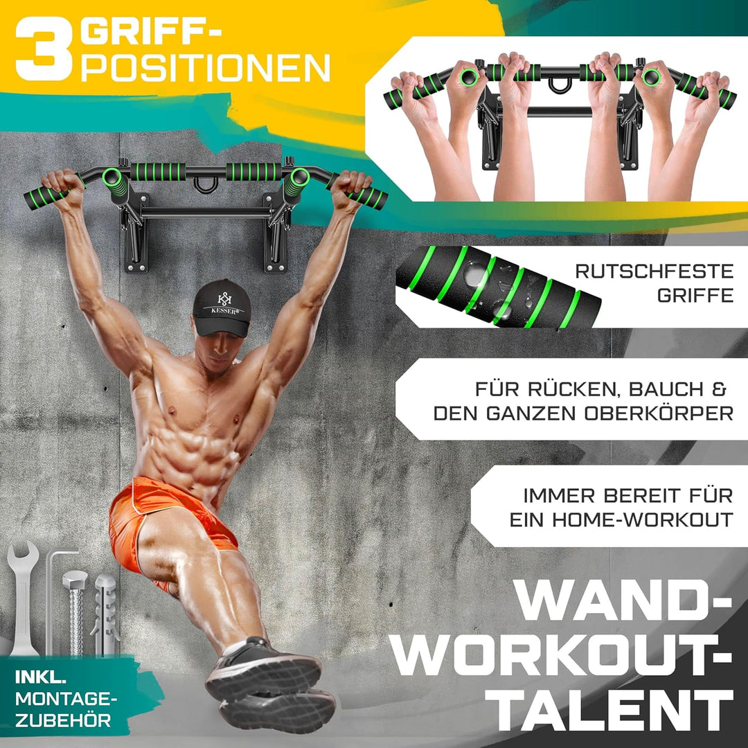 KESSER® 4in1 Klimmzugstange zur Wandmontage rutschfesten Griffen zusätzliche Funktion für Seile Ring