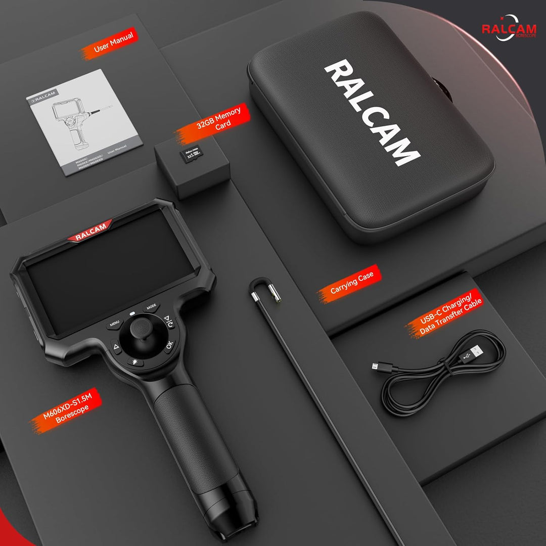 Ralcam Endoskopkamera mit Licht, Endoscope Camera mit 360° beweglichem Kopf, 6,5mm Dual-Sonde, 5" HD
