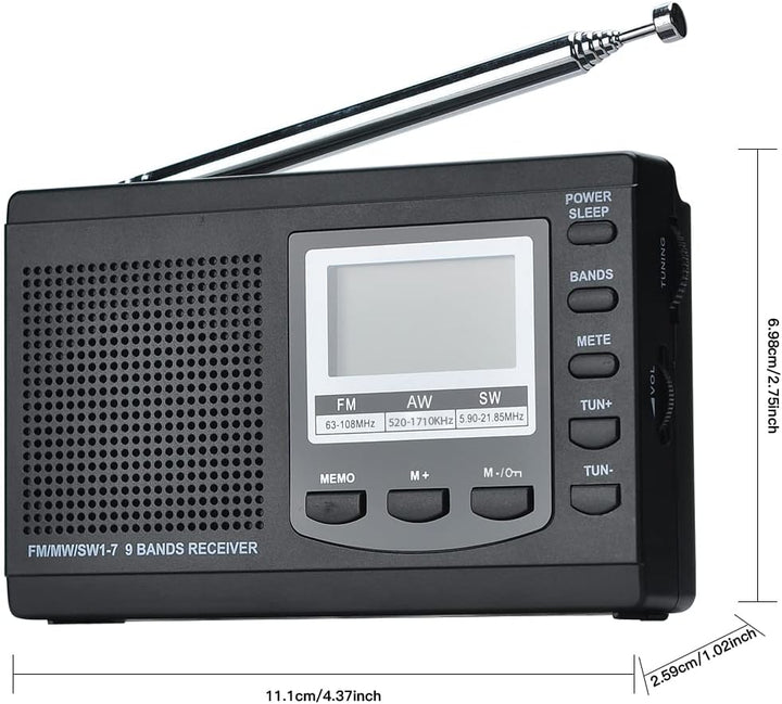 COVVY AM/FM / SW1-7 Tragbarer 9-Band-Radioempfänger mit Lautsprechern und Kopfhörern, ausgezeichnete