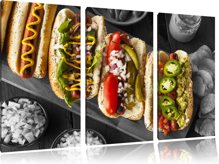 Delikate Hotdogs schwarz/weiss 3-Teiler Leinwandbild 120x80 Bild auf Leinwand, XXL riesige Bilder fe