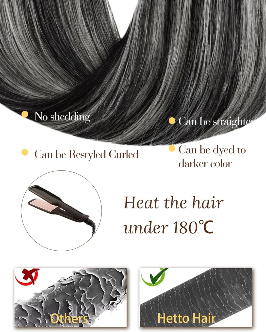 Hetto Tressen Echthaar, Balayage Naturschwarz mit Silber, 35cm, 80g | 100% Remy Haar, Stylbar, knote