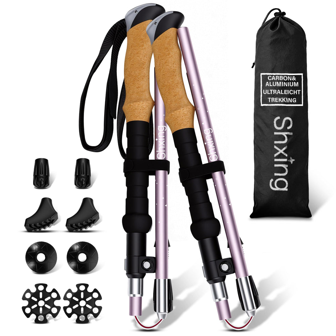 Faltbare Wanderstöcke 2er Set, Carbon 3K & Aluminium 7050, Verstellbar 110-135 cm, Korkgriff mit Eva