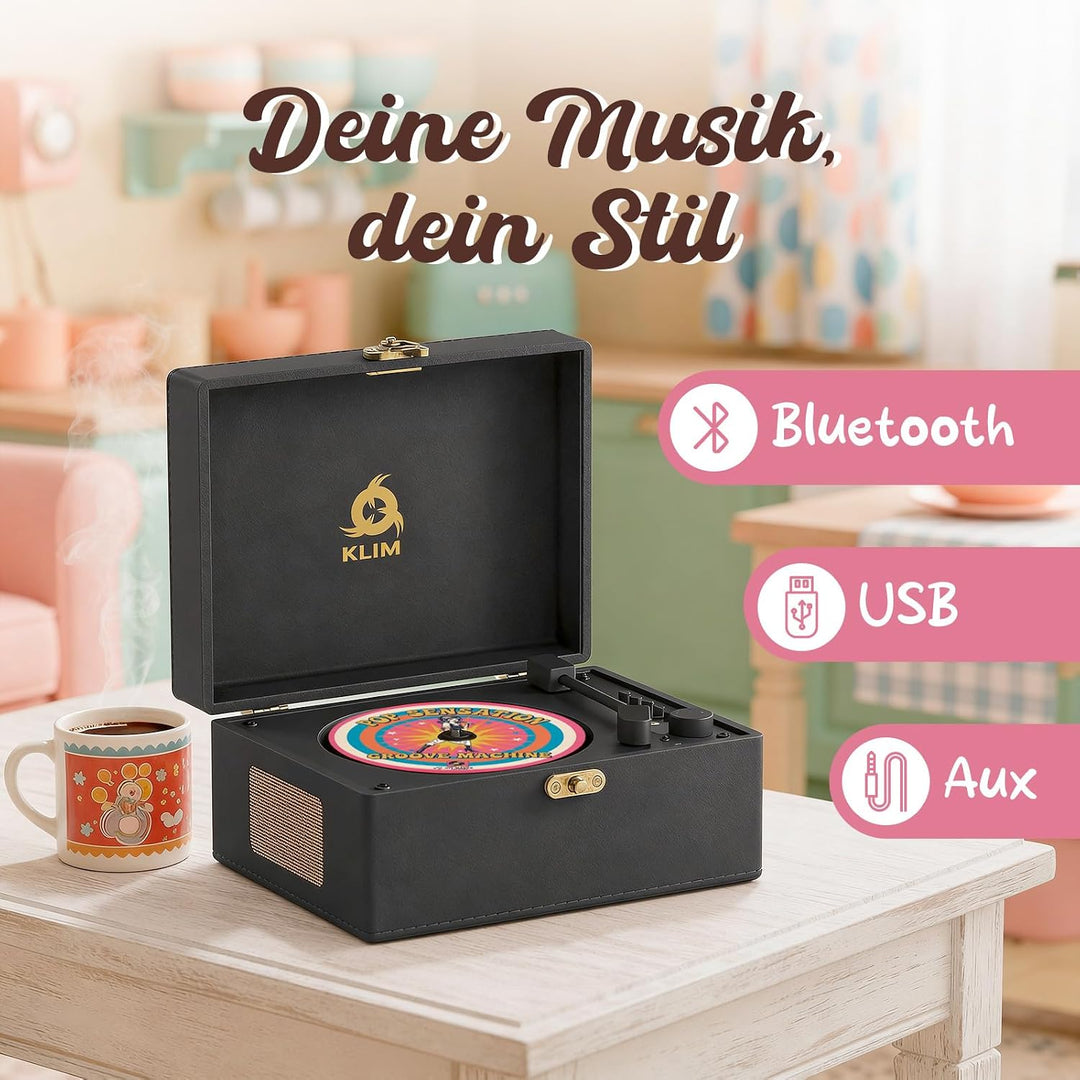 KLIM Retro CD Player – Tragbarer CD-Player mit Lautsprecher, Bluetooth-Empfänger, AUX, USB, Akku, Re