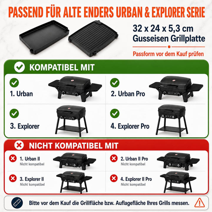 Uniflasy Gusseisen Grillplatte 32 x 24 cm kompatibel mit Enders Urban, Urban Pro, Explorer, Explorer