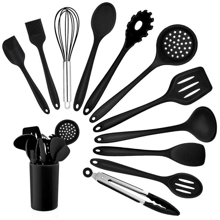 Homikit Silikon Küchenhelfer Set, 12 Stück Schwarz Kochutensilien | Hitzebeständiger Kochgeschirr, K