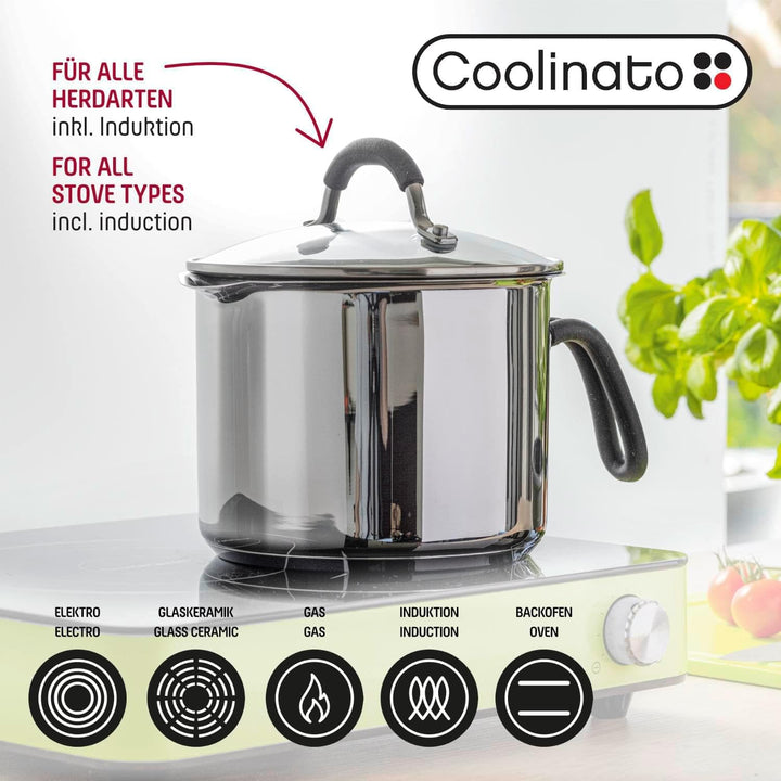 Coolinato - Milchtopf mit Ausgiesser und Glasdeckel I 16 cm, 2,4 Liter I Edelstahl Universaltopf für