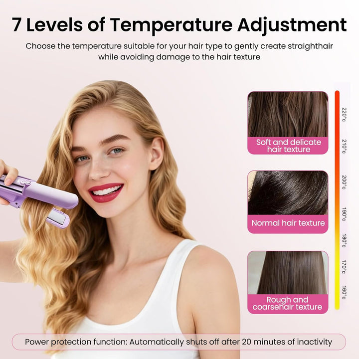 3-in-1 kabelloser Glätteisen und Lockenstab, Mini-Haarglätter mit max. 220 °C, tragbar mit 7 Tempera