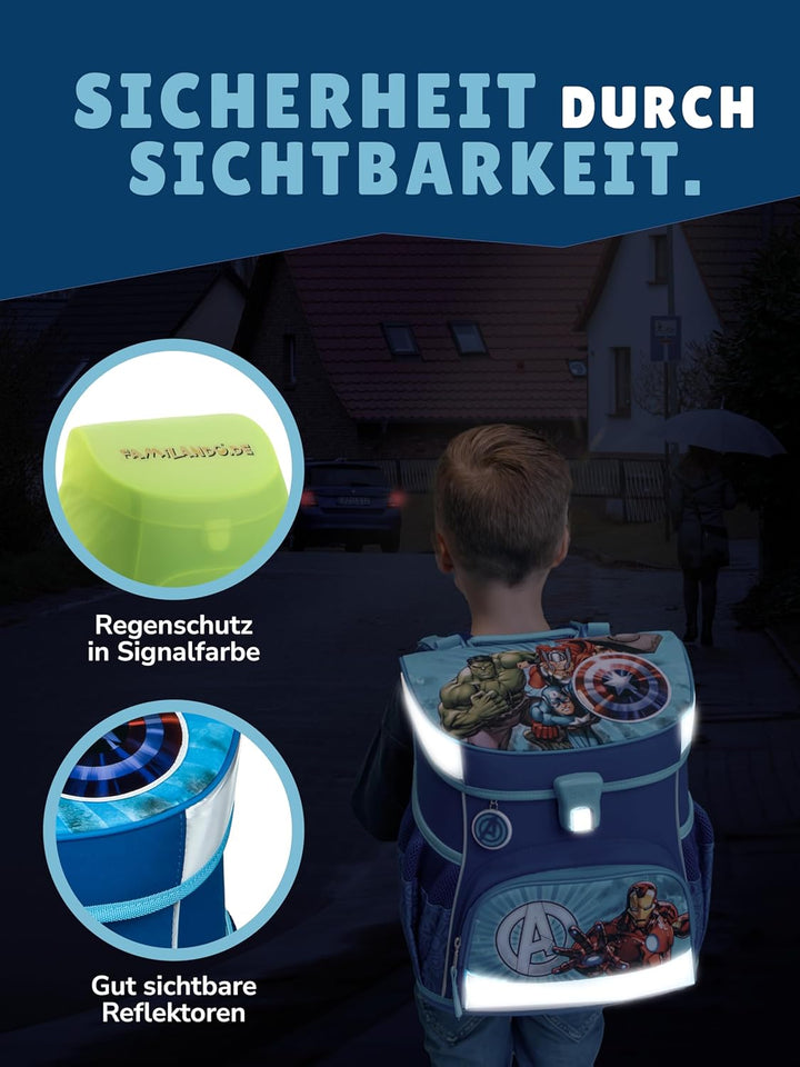 Familando - Scooli Campus Fit Schulranzen Set - 10-teilig mit Schultüte - Marvel Avengers Hell-Blau