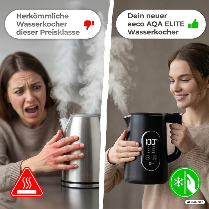 aeco AQA ELITE elektrischer Wasserkocher Edelstahl schwarz-matt mit Temperatureinstellung Tee-Kocher