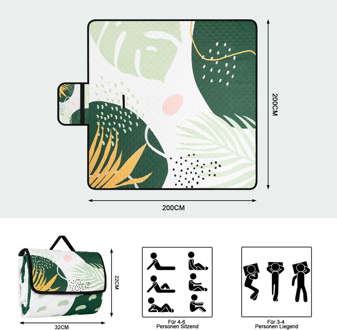 Jopee Picknickdecke Wasserdicht, 200x200 cm Waschbare Campingdecke mit Griff, Gross Outdoor Strandde