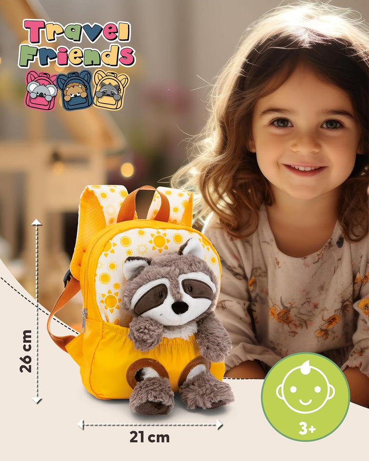 NICI Kinderrucksack gelb 2 in 1 mit Kuscheltier Waschbär 25cm - Kindergartenrucksack Mädchen & Junge