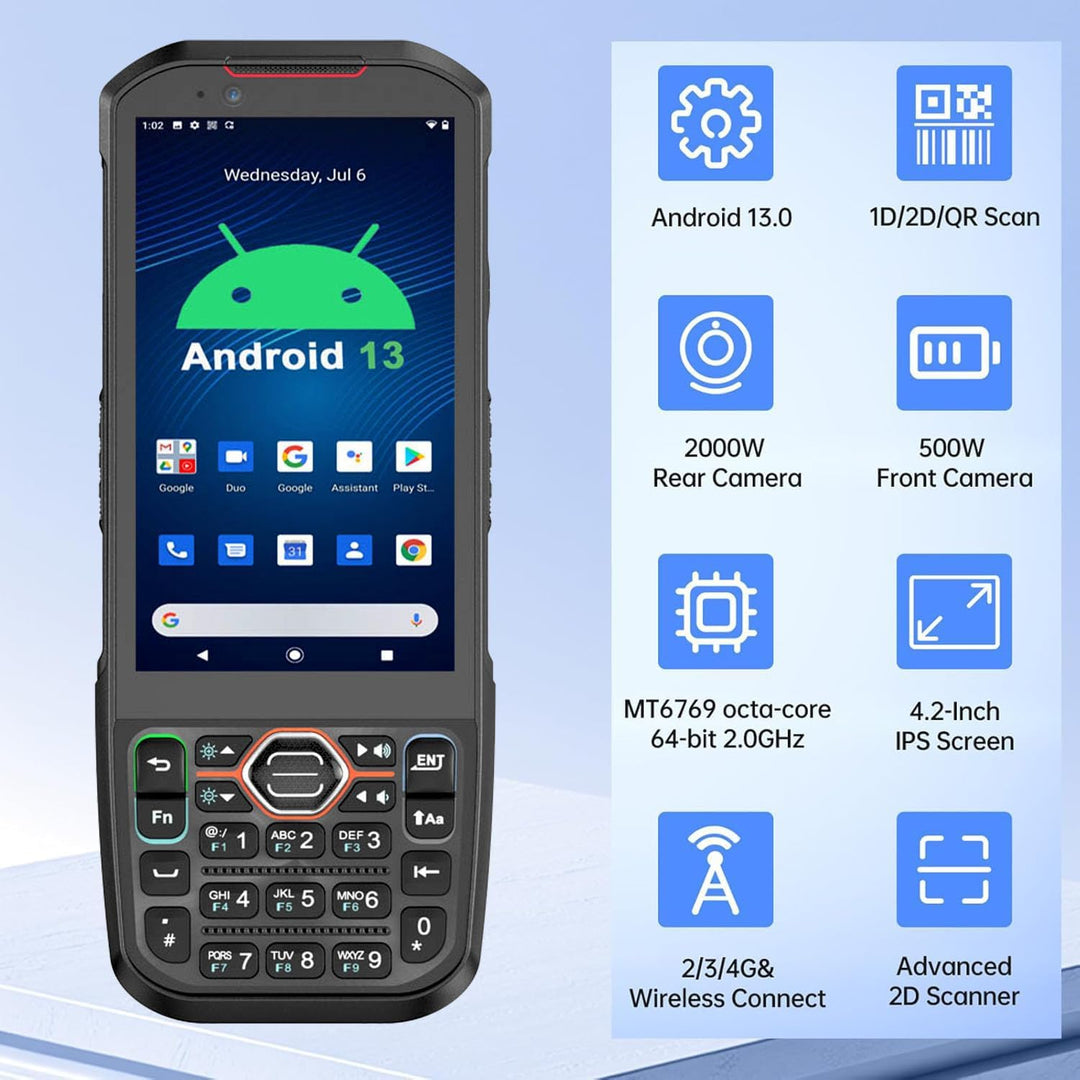 Android 13 PDA mit Tastatur, 6GB+64GB MDE Gerät, 1D/2D Barcode Scanner mit NFC, 4G LTE, WLAN, Blueto