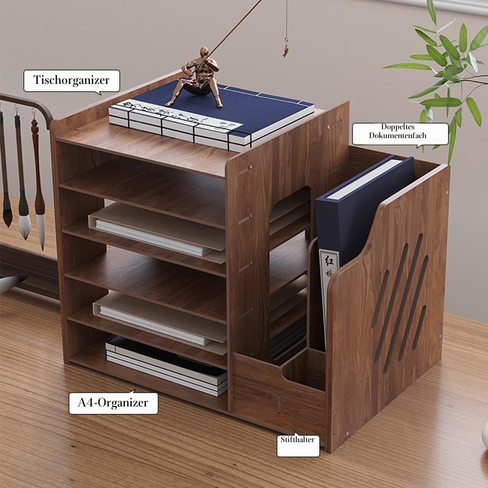 Hggzeg Schreibtisch-Organizer aus Holz,grosse Kapazität,Schreibtisch-Organizer,Aktenregal,A4-Papier-