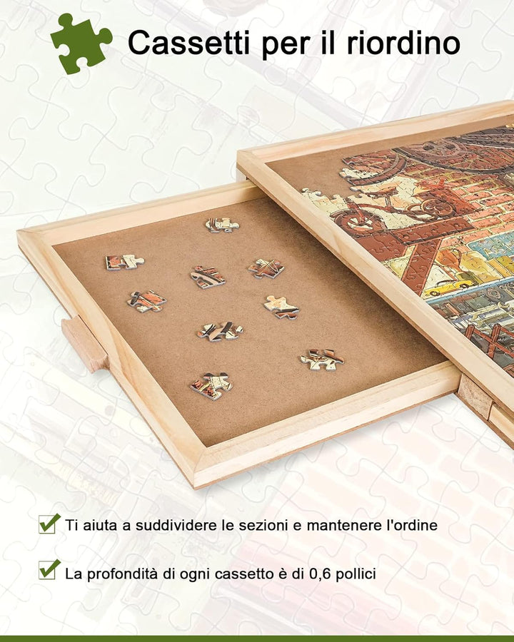 1500 Stück Drehbares Puzzlebrett mit Schubladen und Abdeckung, 64 x 87 cm Tragbarer Holz-Puzzletisch