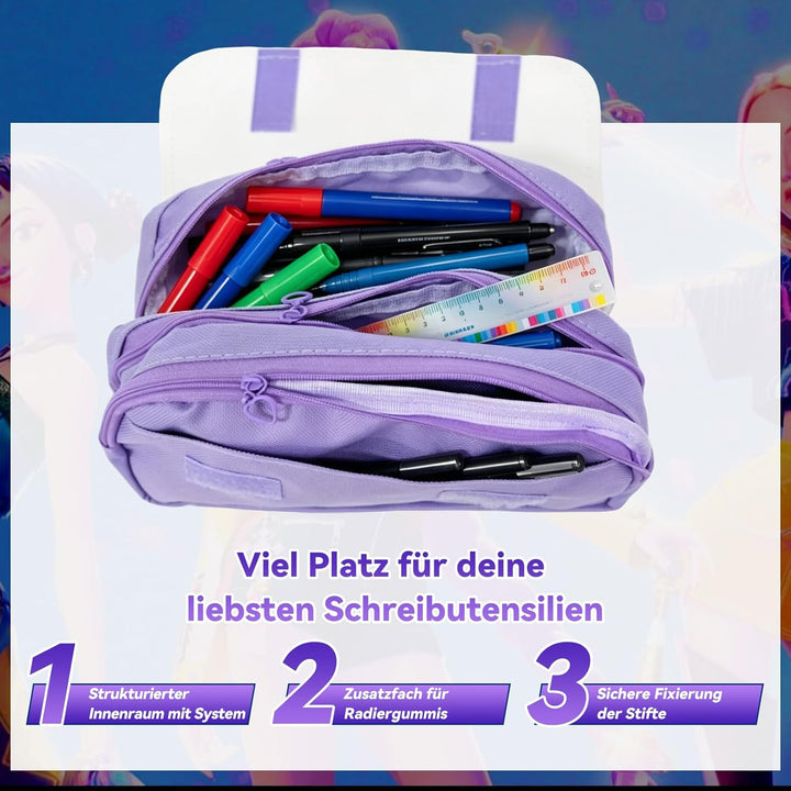 Federmäppchen für Mädchen im Korea-Pop Stil, Federtasche mit Klettverschluss-Klappe & 3 Fächern, Gro