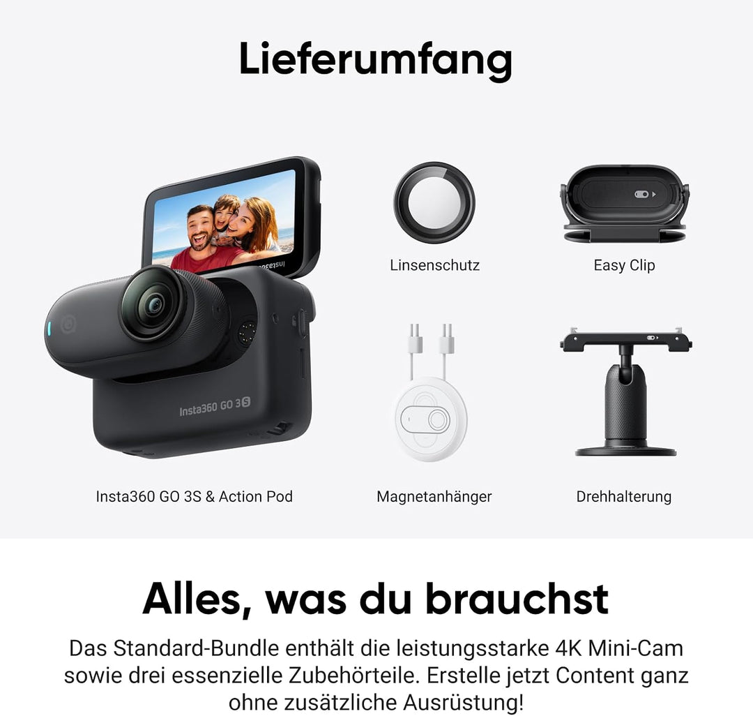 Insta360 GO 3S 128 GB Nachtschwarz- Tragbare 4K Mini-Kamera, Freihand-POVs, Überall anbringbar, Stab
