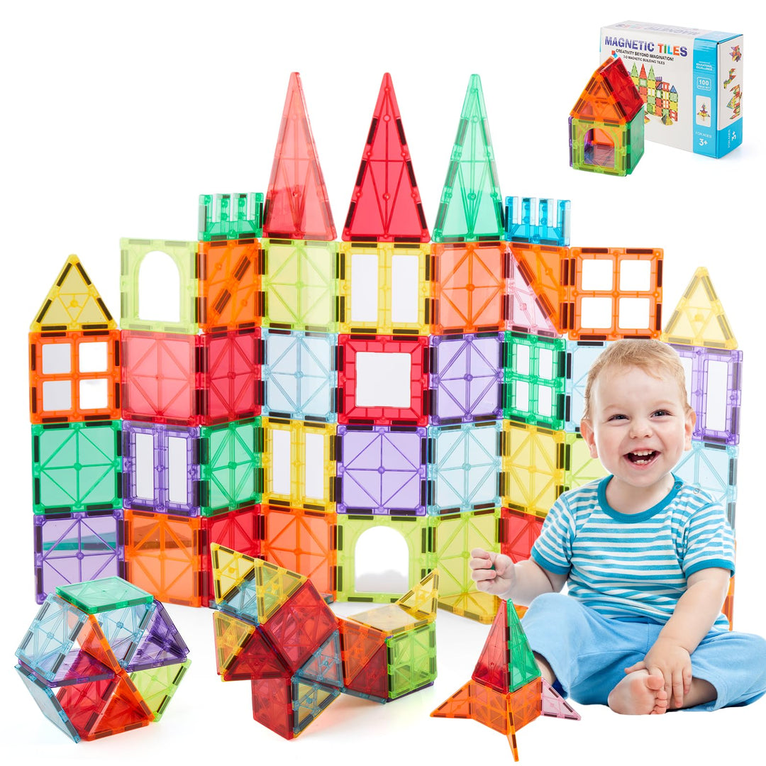 100 Stück magnetische Bausteine für Kinder, STEM Magna Tiles 3D-Konstruktionsspielzeug zum Lernen fü