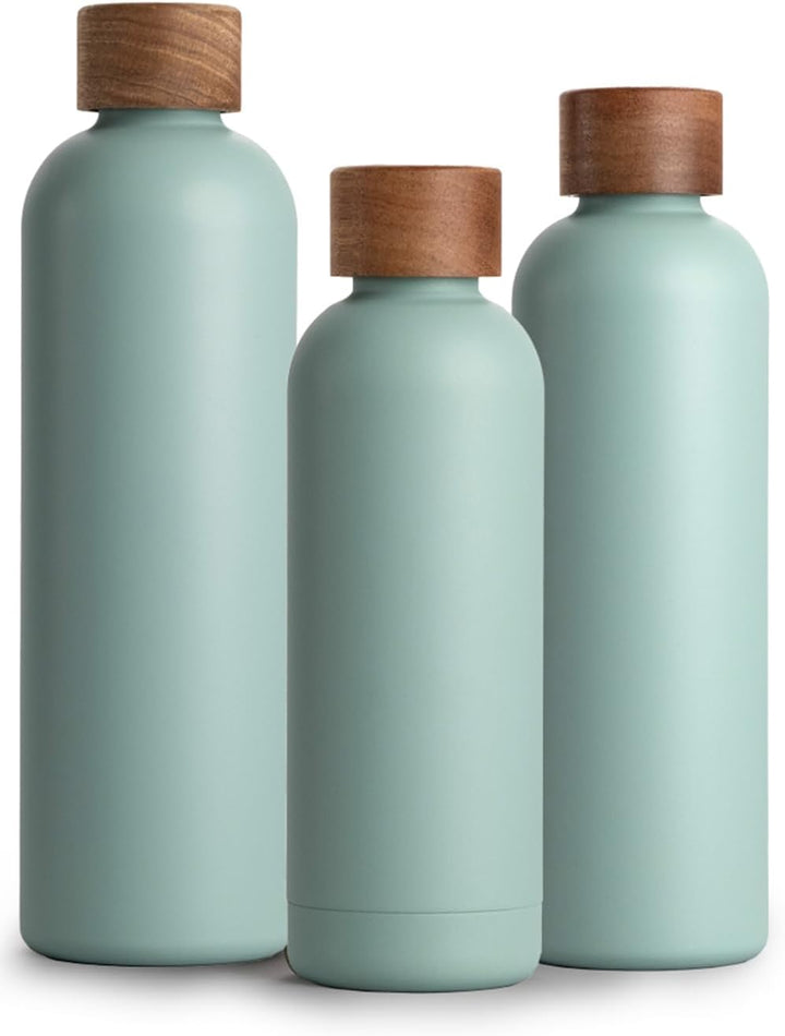 T&N Edelstahl Trinkflasche 1 Liter, Thermosflasche 1l mit Akazienholz Deckel, Isolierte Wasserflasch