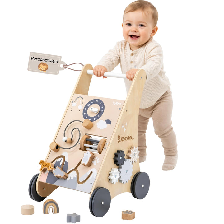 Personalisierter Lauflernwagen aus Holz mit Name – Sicherer Baby Schiebewagen für erste Schritte – L