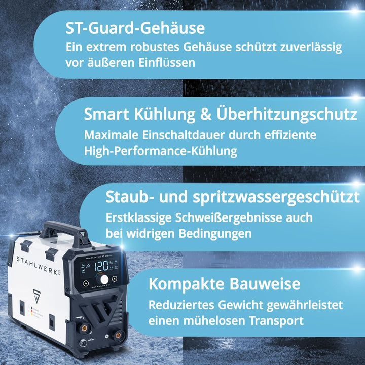 STAHLWERK Mini FLUX 120 ST Fülldraht Schweissgerät mit synergischem Drahtvorschub für 0,6 | 0,8 | 0,