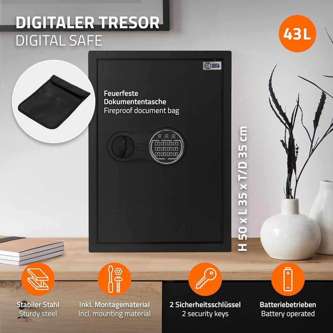 ECD Germany Safe Tresor 43L XL 35x50x31 cm, Wandtresor aus Stahl mit Sensorlicht und Digitale Tastat