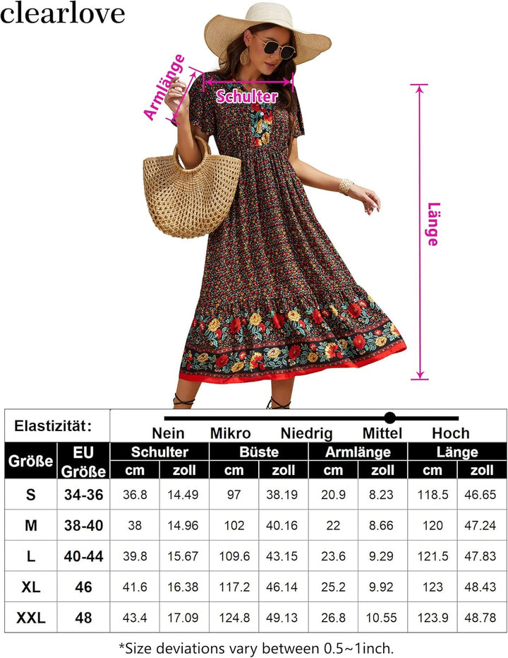 Clearlove Damen Sommerkleid Boho Kurzarm Midi Kleider V-Ausschnitt Strandkleid lang Blumenkleid Rüsc