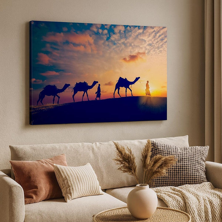 Bilder auf Leinwand 100x70cm Leinwandbild mit Rahmen Kamel Wohnwagen Gross Wanddeko Bild Schlafzimme