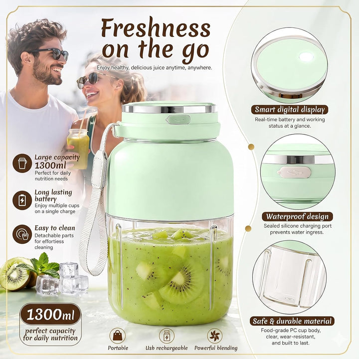 Tragbarer Mixer, 1300 ml Fresh Juice Mixer Flasche, Smoothie Maker to Go, Blender Bottle mit Auslauf