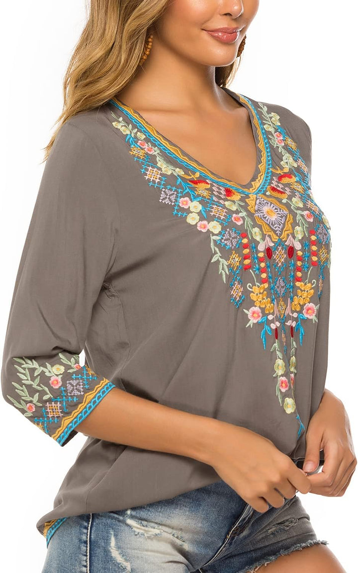 Vakakado Hippie Kleidung Damen Bohemian Folklore Stickerei Bluse 3/4 äRmel V Ausschnitt Tunika Somme