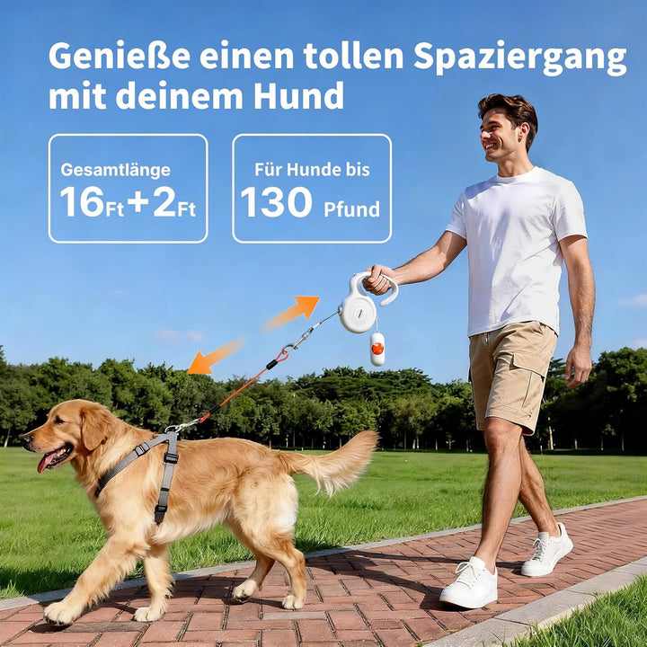 Ausziehbare Hundeleine 16ft, Automatik-Verriegelung, bissfestes Stahlkabel, 360° antiverwirrend, sto