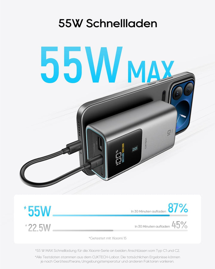 CUKTECH 10 Mini 55W Powerbank Schnellladung, 10000mAh(2S1P) tragbarer Ladegerät USB-C EIN- und Ausga