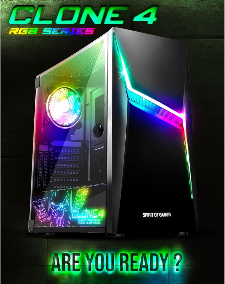 Spirit of Gamer - Clone 4 - PC Gehäuse RGB mit Durchsichtiger Wand Aus Gehärtetem Glas - Erstellen S